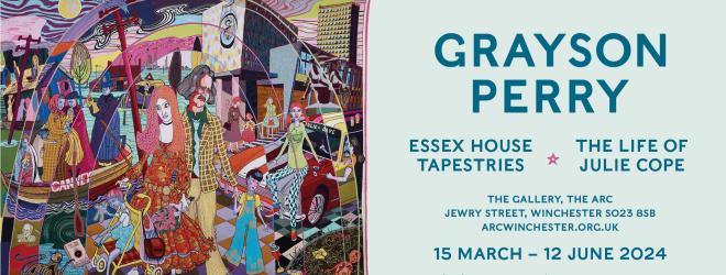 A poster for Grayson Perry showing a brightly coloured tapestry