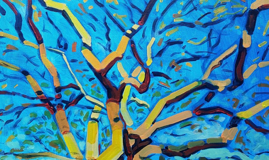 Sunkissed bear leaved tree painted loosely in acrylics. Bright blue vivid sky and ochre branches