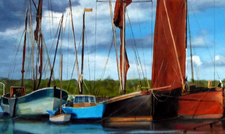 A watercolour painting of boats on the water
