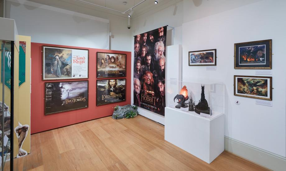 A corner of the gallery featuring film posters and memorabilia 