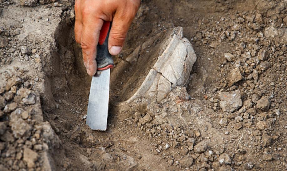 hand with tool digging around archaeological object in the ground