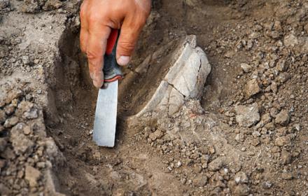 Hand digging artefact with tool in the mud