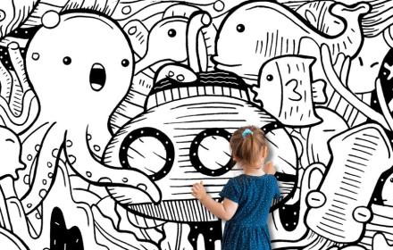 Illustration of a wall covered in drawings of sea creatures with two young children drawing and coloring it in