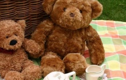 Two teddy bears sit on a multicoloured picnic rug, along with a tea set