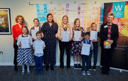 The winning poets attending the Hampshire Young Poet 2021 awards ceremony at City Space, with Hampshire Cultural Trust’s Head of Destination Winchester, Katerina Kremmida, Hampshire Poet 2020, Kathryn Bevis and Jane Bryant, Chair of Winchester Poetry Festival